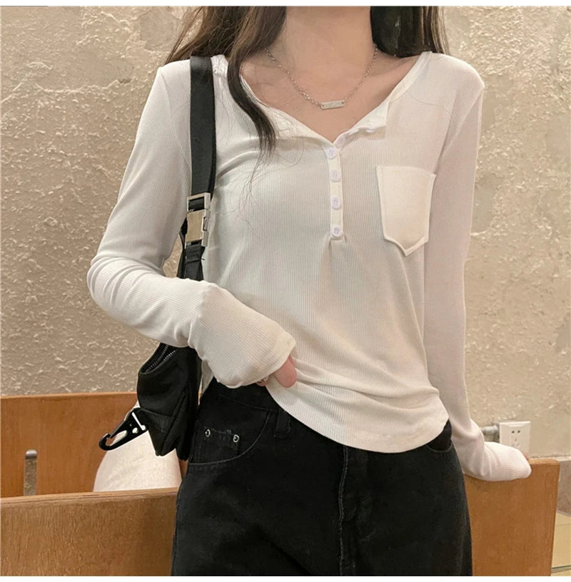 Slim Fit ort Sve V-Ne Long Sve T-irt Women's Spring Autumn Korean Sle Versatile Base irt Design Sensation