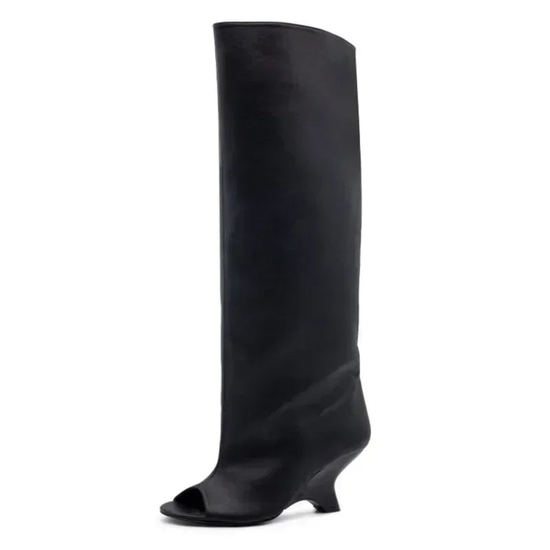 2026Women's Fish Mouth Thick High Heels Knee Length Cool Boots Slant Heel Fashion Show Large Size Spring/Summer Women's Boots