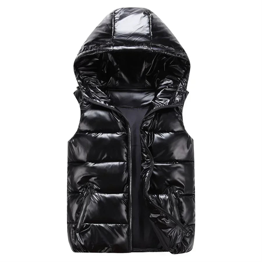 Men Winter Hooded Padded Vest Glossy Sleeveless Jacket Casual Outwear Thicken Warm Coat Waterproof Waistcoat Men Clothing 4XL