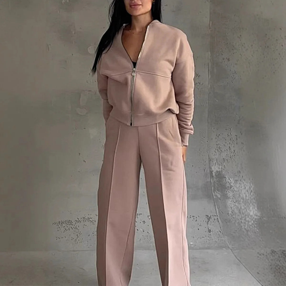 2025 Autumn And Winter Long Sleeves Solid Color Zipper Jacket Wide-leg Trousers Loose Office Commuting Women's Fall Outfit Set