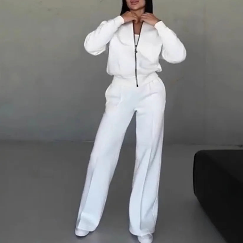 2025 Autumn And Winter Long Sleeves Solid Color Zipper Jacket Wide-leg Trousers Loose Office Commuting Women's Fall Outfit Set