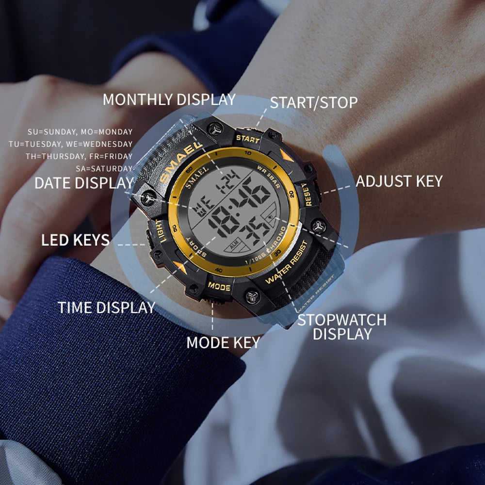 SMAEL Mens Multifunction Digital Sports Watch LED Display Waterproof Stopwatch Alarm Clock Casual Daily Wristwatch Montre Homme