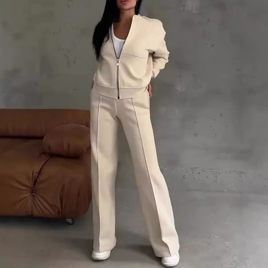 2025 Autumn And Winter Long Sleeves Solid Color Zipper Jacket Wide-leg Trousers Loose Office Commuting Women's Fall Outfit Set