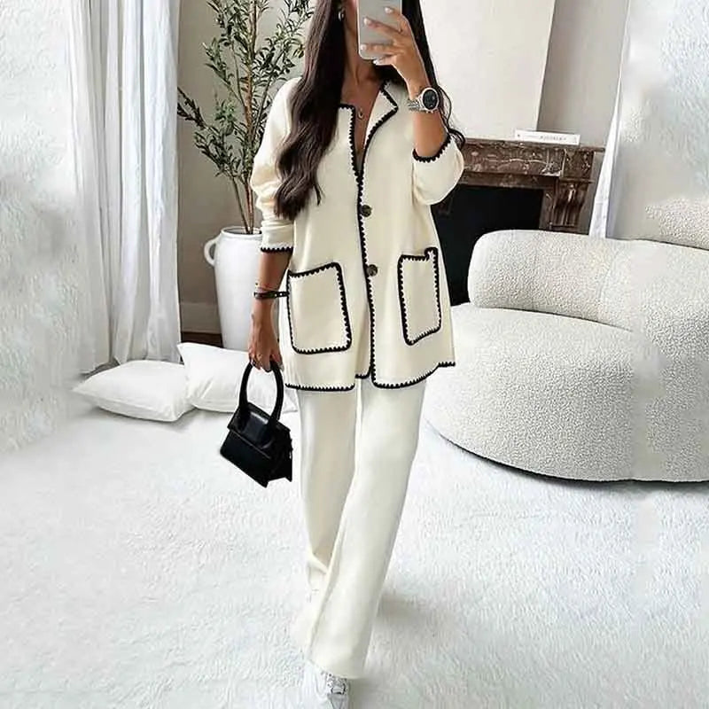 Casual Loose Pocket Coats Pants Two Piece Sets Women Fashion Contrasting Colors Tops Outfits Fall Winter Wide Leg Pants Suit