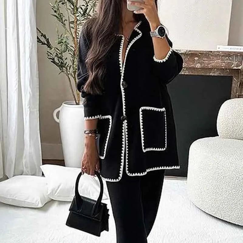 Casual Loose Pocket Coats Pants Two Piece Sets Women Fashion Contrasting Colors Tops Outfits Fall Winter Wide Leg Pants Suit
