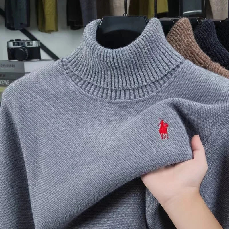 High end brand velvet sweater men's new fashion designer exquisite pony embroidery winter thick warm high neck knitted pullover