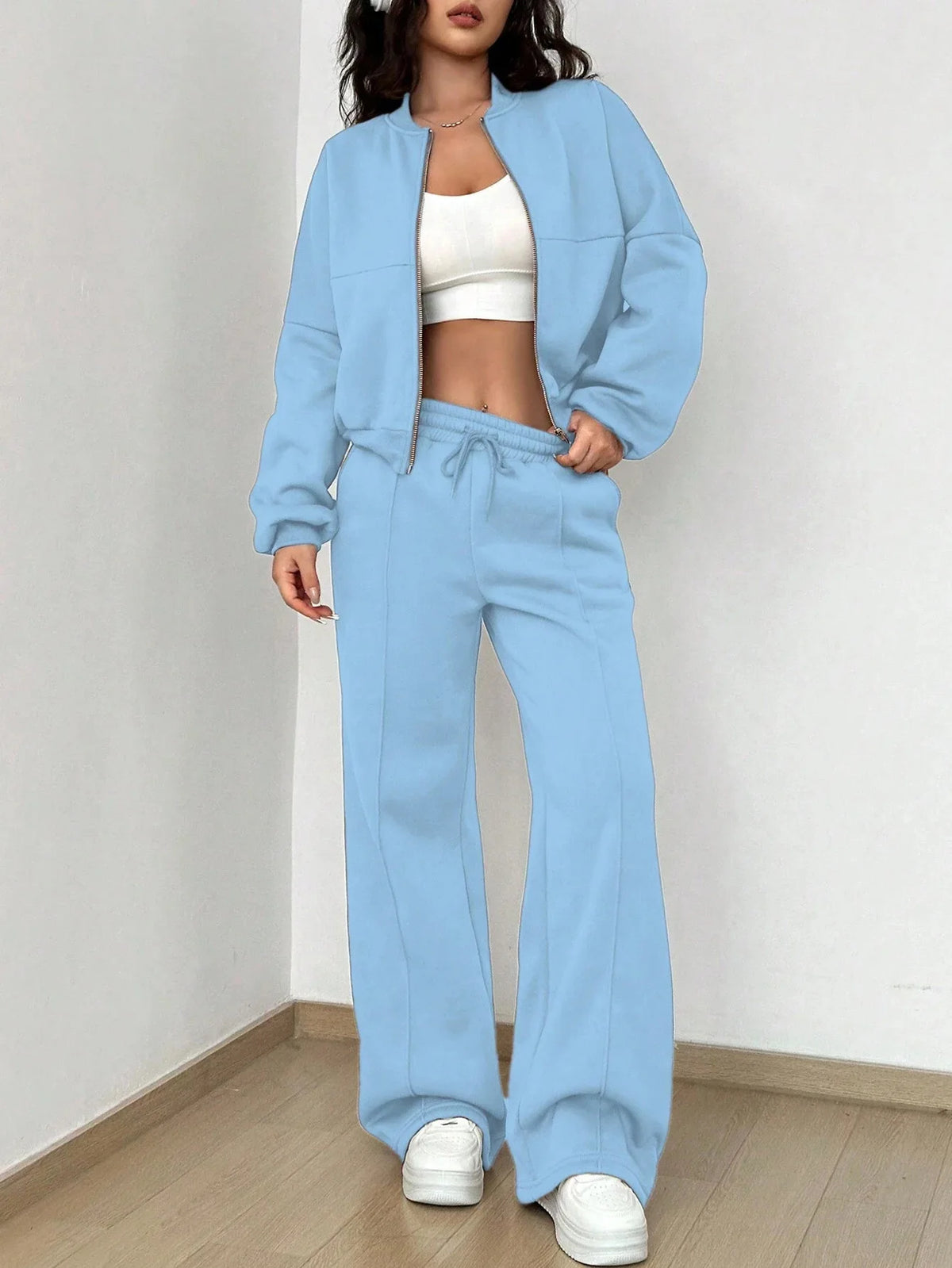 2025 Autumn And Winter Long Sleeves Solid Color Zipper Jacket Wide-leg Trousers Loose Office Commuting Women's Fall Outfit Set
