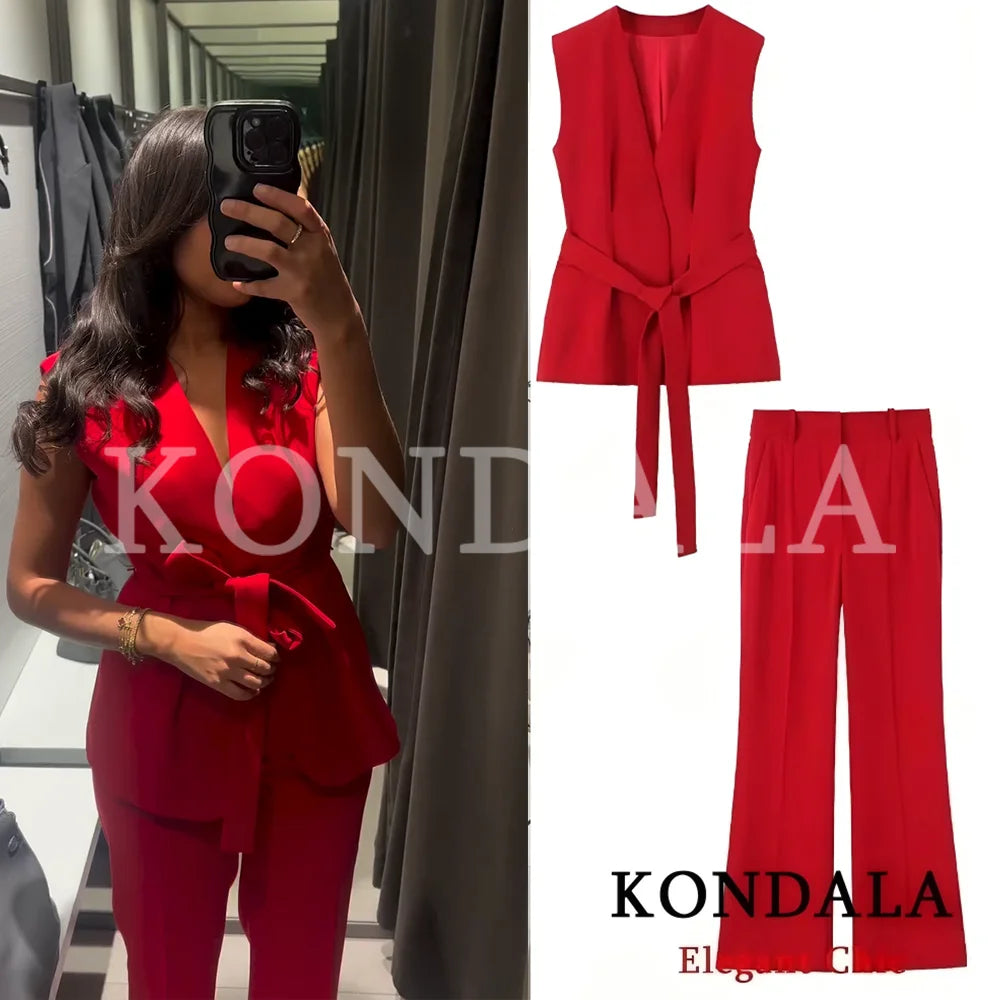 KONDALA Women Trendy Red Vest Set V-Neck Belted Vest Flare Pants New 2026 Spring Fall Elegant High Street Fashion Female Set