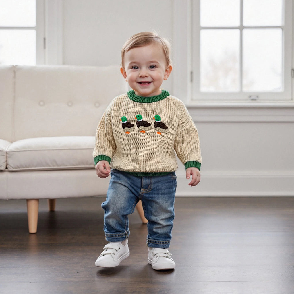 Toddler Boy Girl Fall Sweaters Long Sleeve Round Neck Duck Embroidery Tops Toddler Sweatshirts