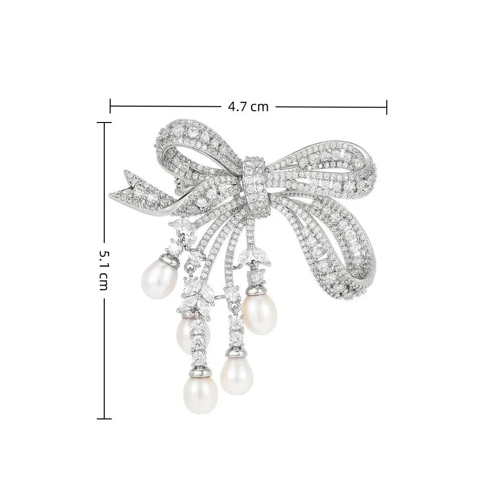 Exquisite Full of Diamonds Luxury Brooch Heavy Craftsmanship Pearl Tassels Rhinestone Brooch Bowknot Suit Jacket Pin Daily Wear