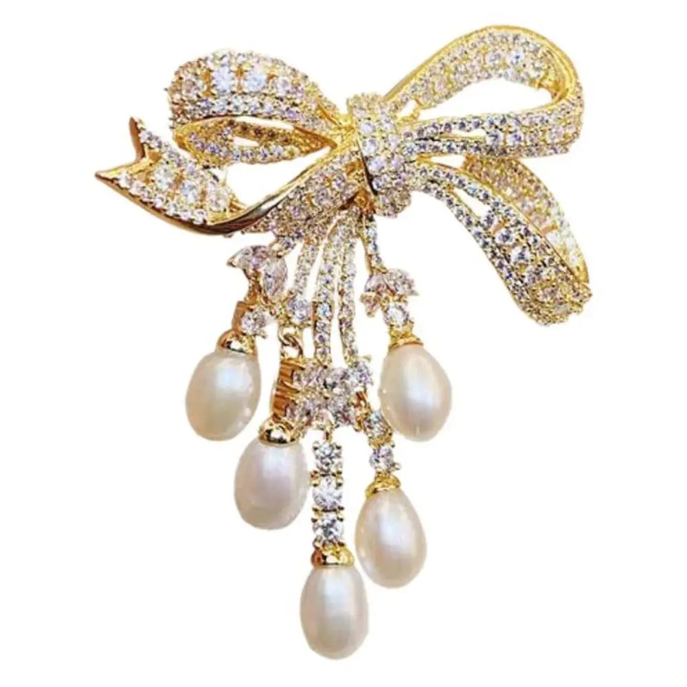 Exquisite Full of Diamonds Luxury Brooch Heavy Craftsmanship Pearl Tassels Rhinestone Brooch Bowknot Suit Jacket Pin Daily Wear