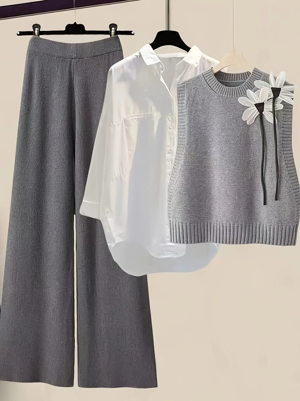 Fall Winter Elegant Knitwear 3pcs Women's Sweater Set Chic White Gray Black Cardigan with Bow Detail Casual Knit Wide Leg Pants