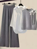 Fall Winter Elegant Knitwear 3pcs Women's Sweater Set Chic White Gray Black Cardigan with Bow Detail Casual Knit Wide Leg Pants