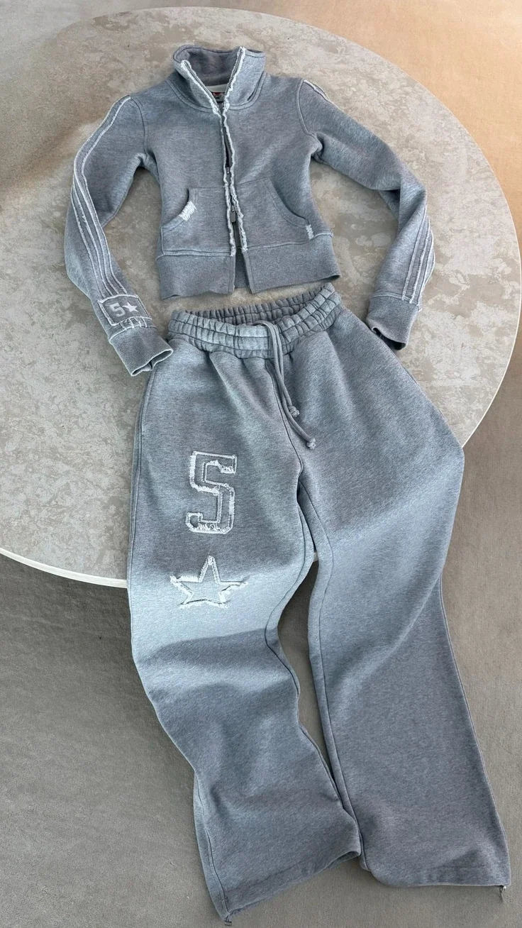 Gothic Womens Zipper Sweatshirt Pants Two Piece Set Y2K Harajuku Letter Patchwork Embroidery Vintage Oversized Jacket Pants Set
