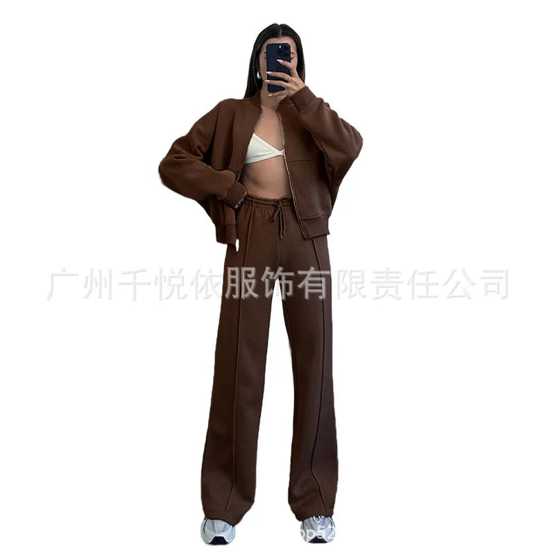 2025 Autumn And Winter Long Sleeves Solid Color Zipper Jacket Wide-leg Trousers Loose Office Commuting Women's Fall Outfit Set