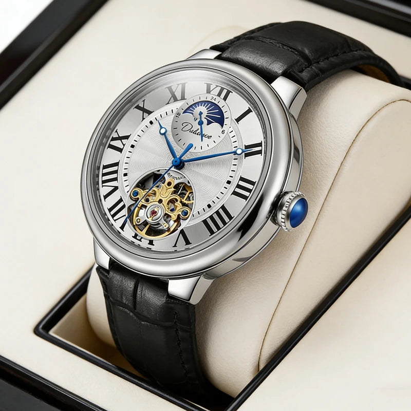 Rome Time Tourbillon Leather Mens Watches Top Brand Luxury Moon Phase Automatic Mechanical Watch Men Waterproof Montre Homme