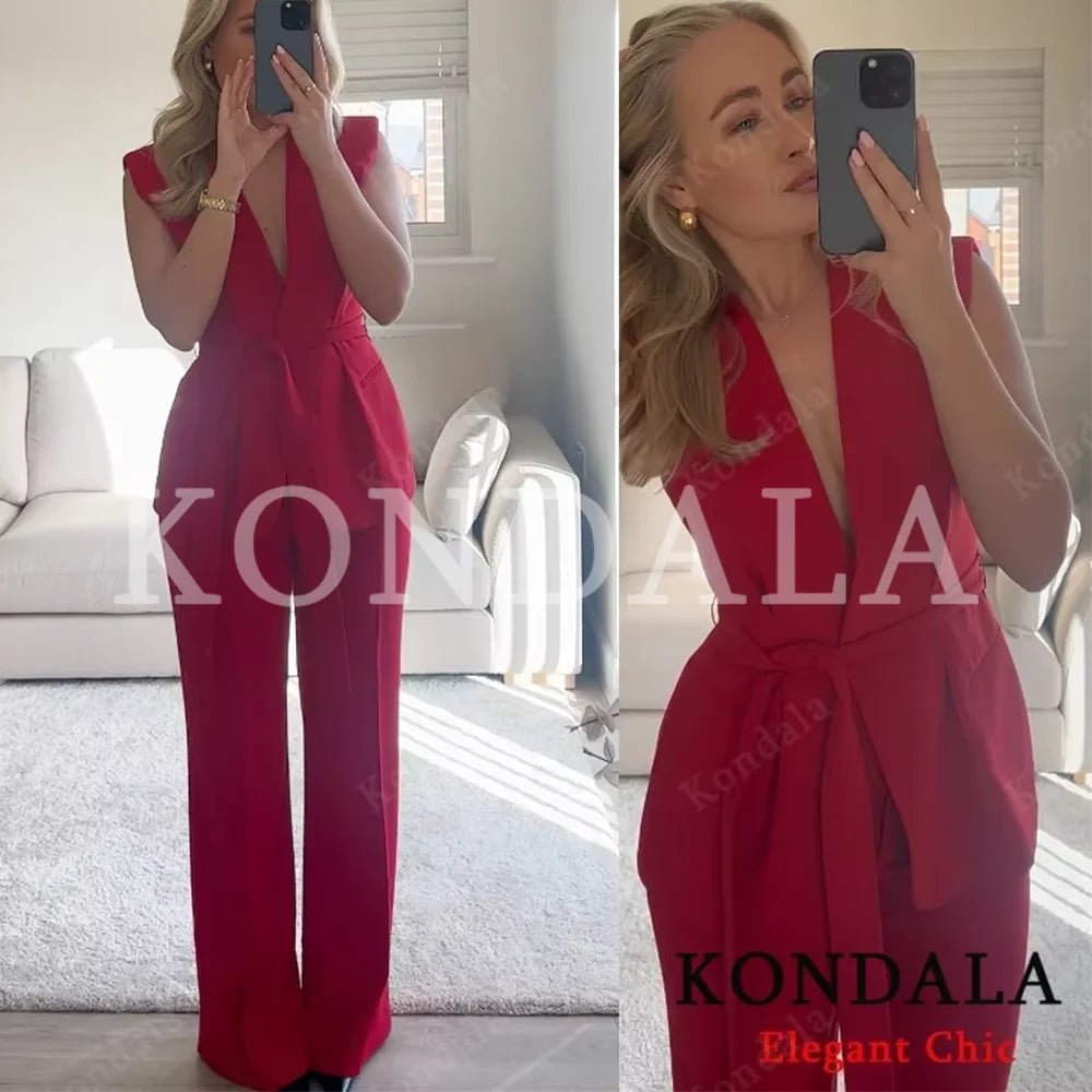 KONDALA Women Trendy Red Vest Set V-Neck Belted Vest Flare Pants New 2026 Spring Fall Elegant High Street Fashion Female Set