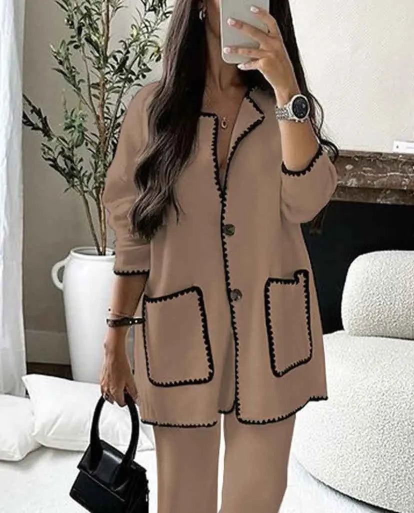Casual Loose Pocket Coats Pants Two Piece Sets Women Fashion Contrasting Colors Tops Outfits Fall Winter Wide Leg Pants Suit