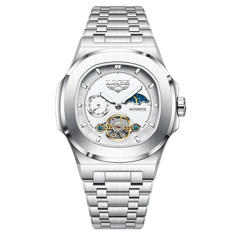 LIGE Top Brand Luxury Men Mechanical Watches Square Automatic Watch For Men Waterproof Stainless Steel Clock Gift Montre Homme