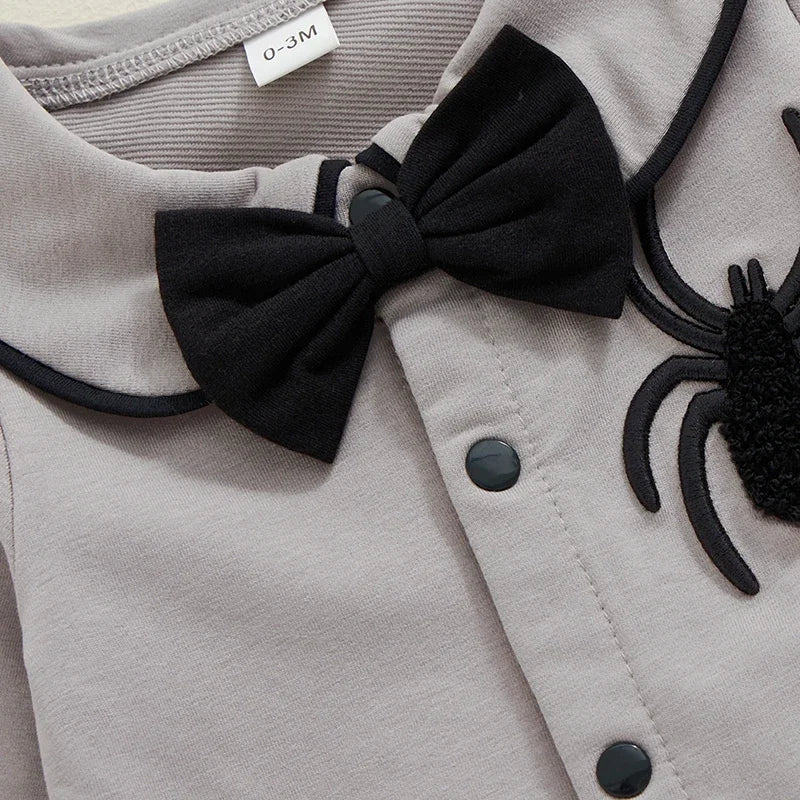 Baby Boy Halloween Romper Spider Embroidered Bow Tie Long Sleeve Lapel Neck Button-up Fall Jumpsuits Costume