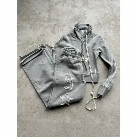 Gothic Womens Zipper Sweatshirt Pants Two Piece Set Y2K Harajuku Letter Patchwork Embroidery Vintage Oversized Jacket Pants Set