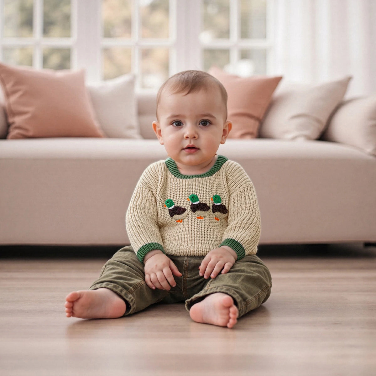 Toddler Boy Girl Fall Sweaters Long Sleeve Round Neck Duck Embroidery Tops Toddler Sweatshirts