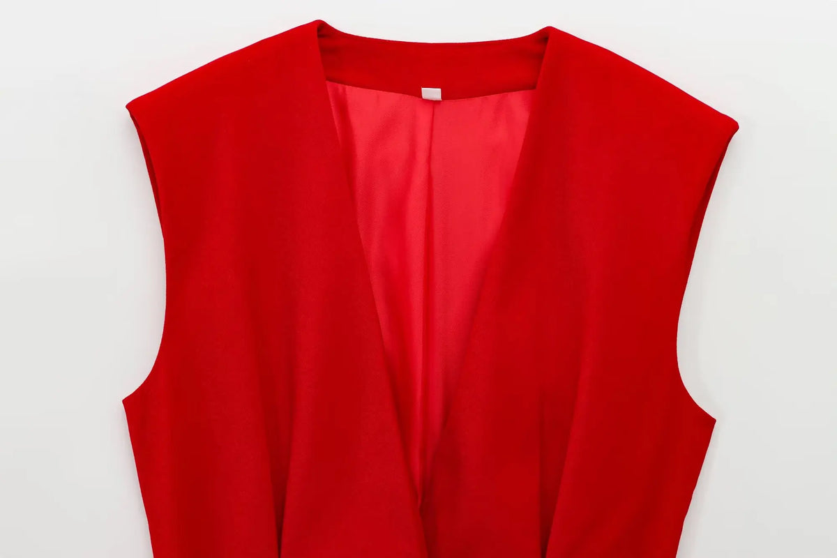KONDALA Women Trendy Red Vest Set V-Neck Belted Vest Flare Pants New 2026 Spring Fall Elegant High Street Fashion Female Set