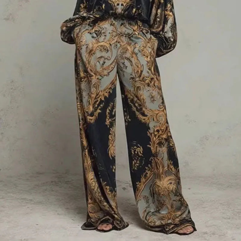 Retro Pattern Printed 2 Pieces Set for Woman Sexy Deep V Neck Top Blouses Elegant Outfit 2026 Spring Fall Wide Leg Trousers Suit