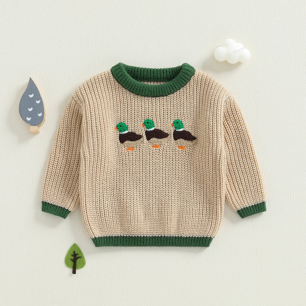 Toddler Boy Girl Fall Sweaters Long Sleeve Round Neck Duck Embroidery Tops Toddler Sweatshirts