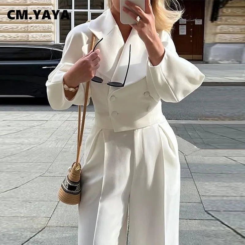 CM.YAYA Fashion Women's Set Long Sleeve Slim Blazer and Wide Leg Pants 2024 Fall OL Workout Two 2 Piece Sets Outfit Tracksuit