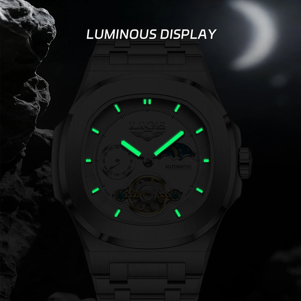 LIGE Top Brand Luxury Men Mechanical Watches Square Automatic Watch For Men Waterproof Stainless Steel Clock Gift Montre Homme