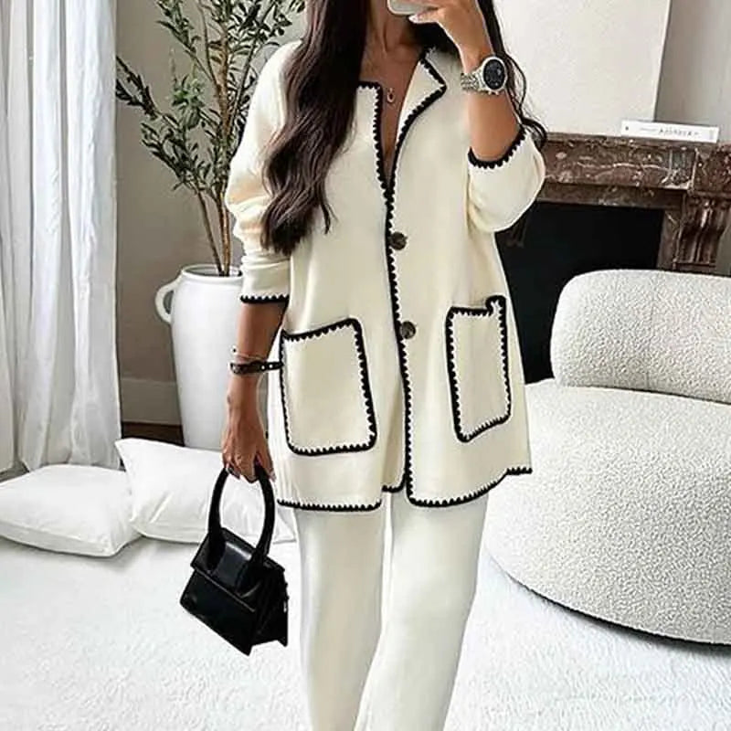 Casual Loose Pocket Coats Pants Two Piece Sets Women Fashion Contrasting Colors Tops Outfits Fall Winter Wide Leg Pants Suit