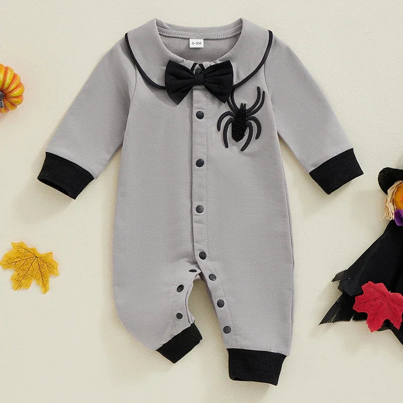 Baby Boy Halloween Romper Spider Embroidered Bow Tie Long Sleeve Lapel Neck Button-up Fall Jumpsuits Costume