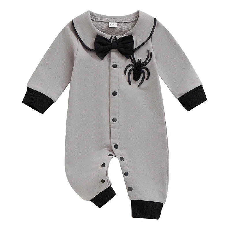 Baby Boy Halloween Romper Spider Embroidered Bow Tie Long Sleeve Lapel Neck Button-up Fall Jumpsuits Costume
