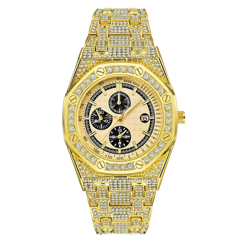 Montre Homme Original Brand Watches Men Hip Hop Diamond Fashion Casual Alloy Band Date Quartz Watch Silver Relogio Masculino