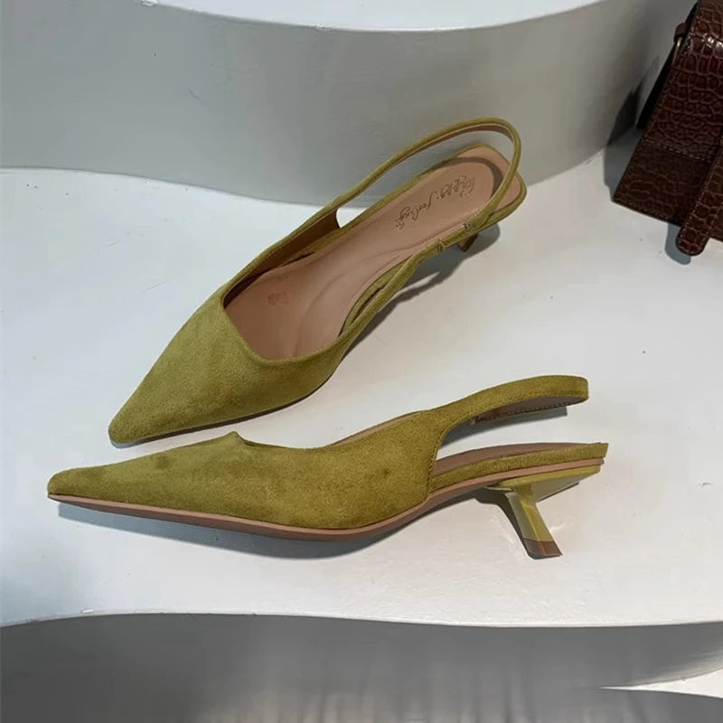 SUOJIALUN 2024 Autumn Women Sandal Shoes Fashion Pointed Toe Shallow Slip On Slingback Sandal Thin Med Heel Ladies Elegant Pumps