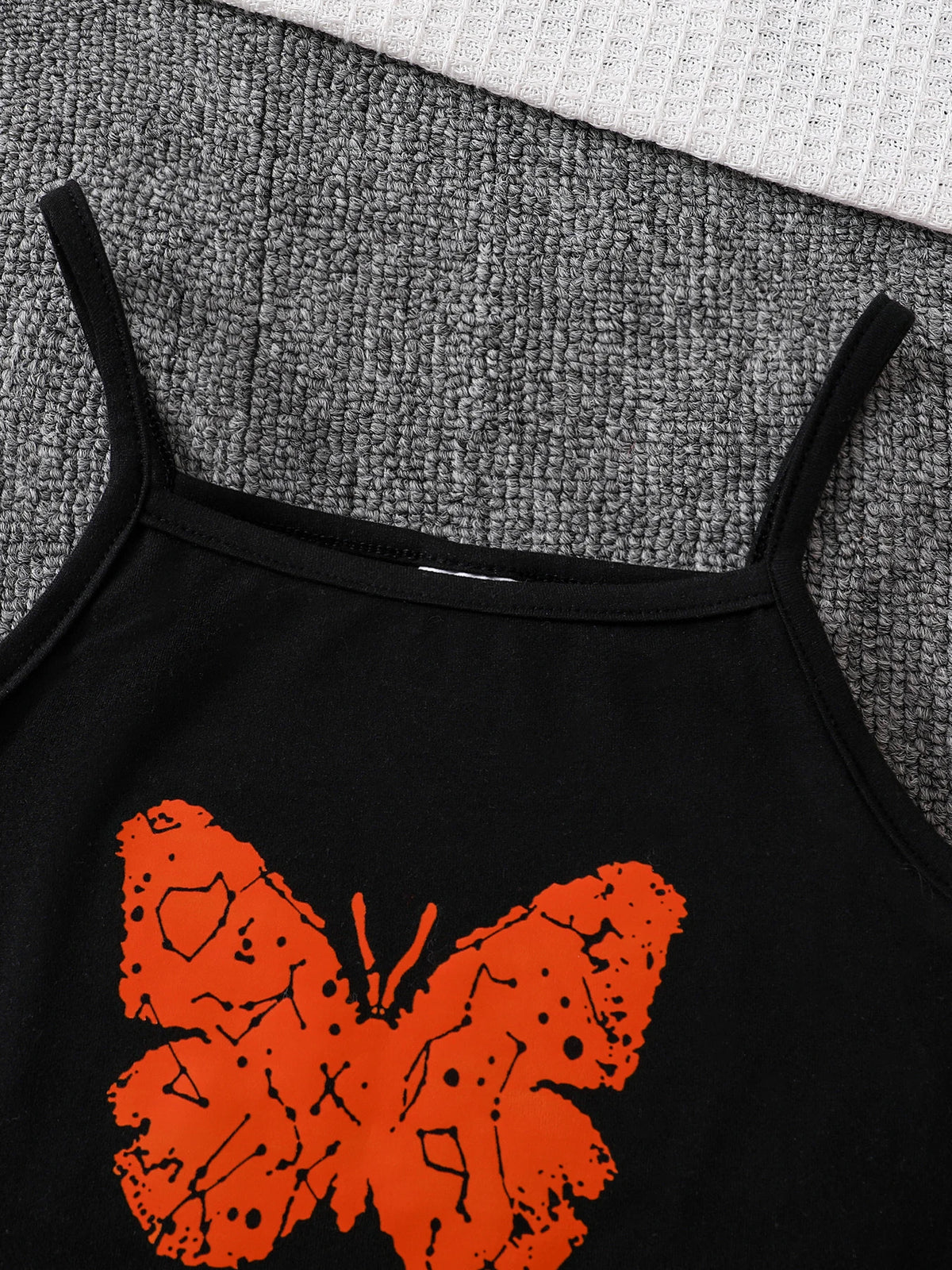 Summer girl fashion three-piece set, cool and breathable mesh short-sleeved T-shirt butterfly print spaghetti strap short skirt