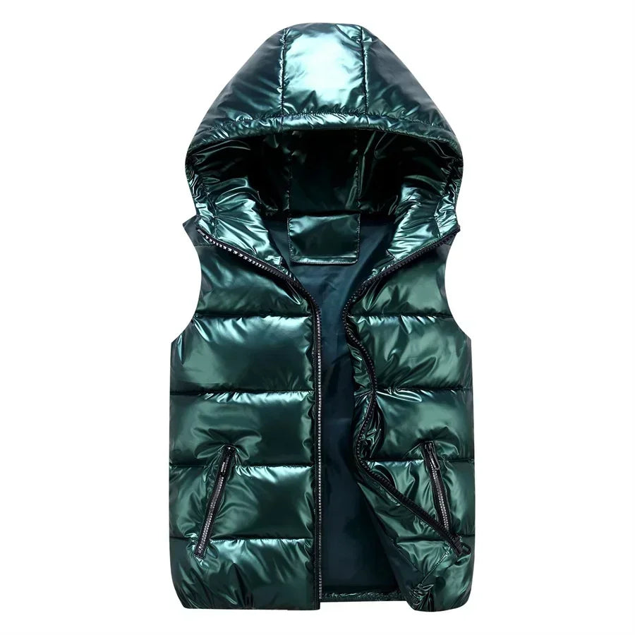 Men Winter Hooded Padded Vest Glossy Sleeveless Jacket Casual Outwear Thicken Warm Coat Waterproof Waistcoat Men Clothing 4XL
