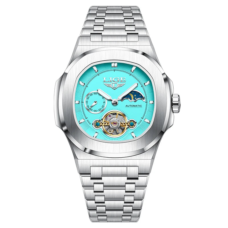 LIGE Top Brand Luxury Men Mechanical Watches Square Automatic Watch For Men Waterproof Stainless Steel Clock Gift Montre Homme