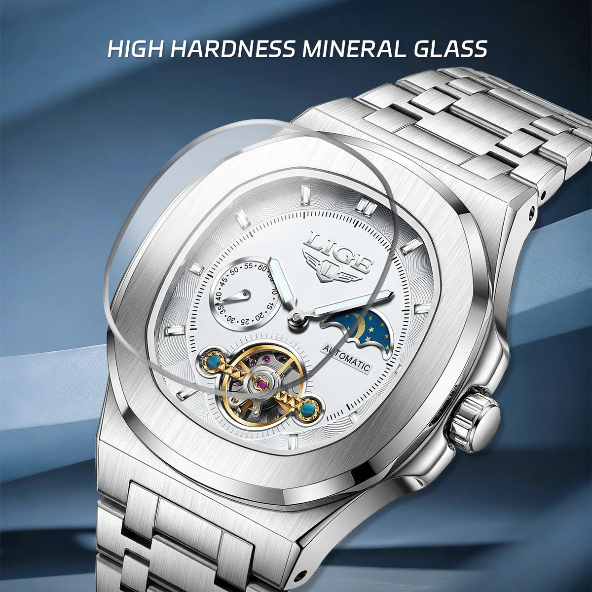 LIGE Top Brand Luxury Men Mechanical Watches Square Automatic Watch For Men Waterproof Stainless Steel Clock Gift Montre Homme