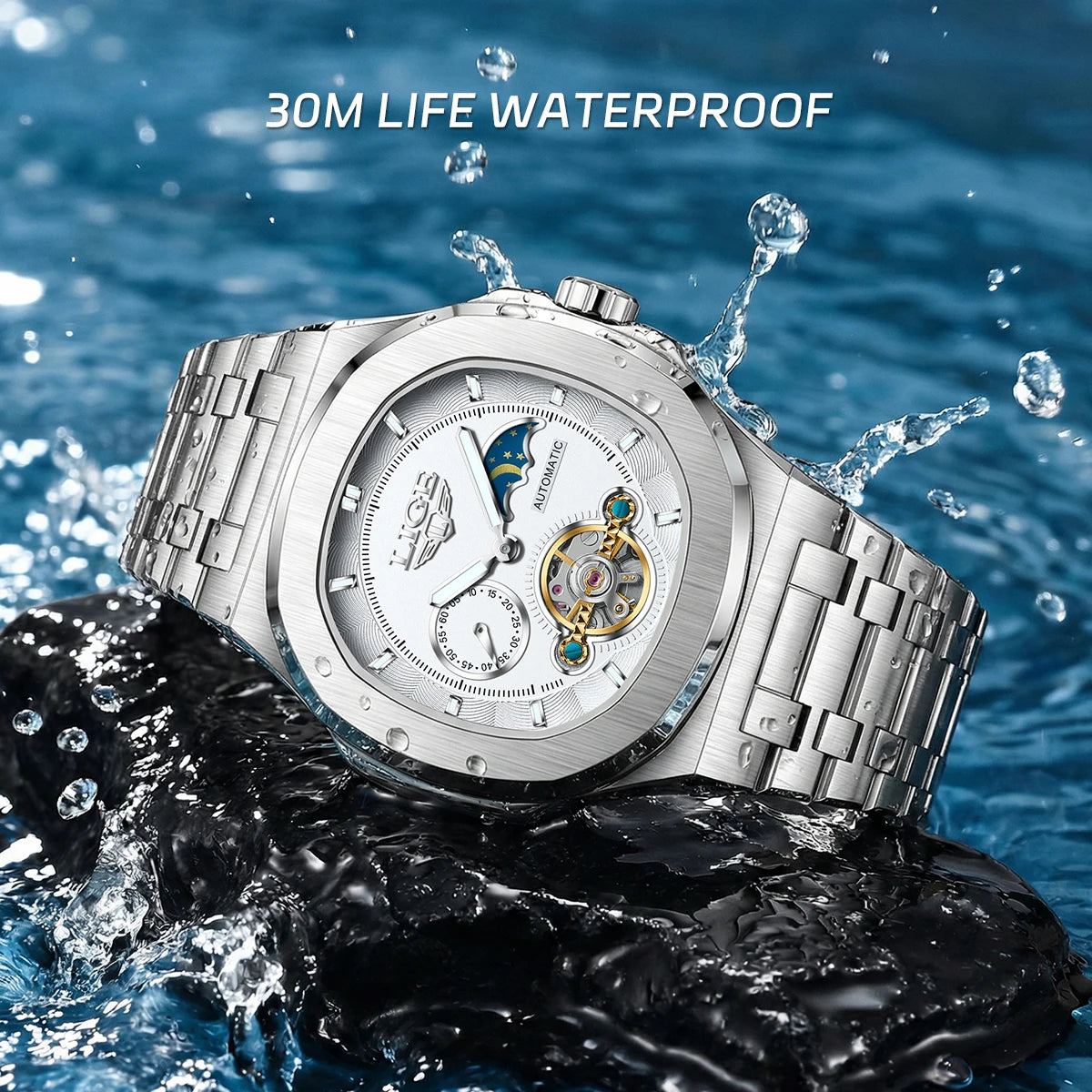 LIGE Top Brand Luxury Men Mechanical Watches Square Automatic Watch For Men Waterproof Stainless Steel Clock Gift Montre Homme