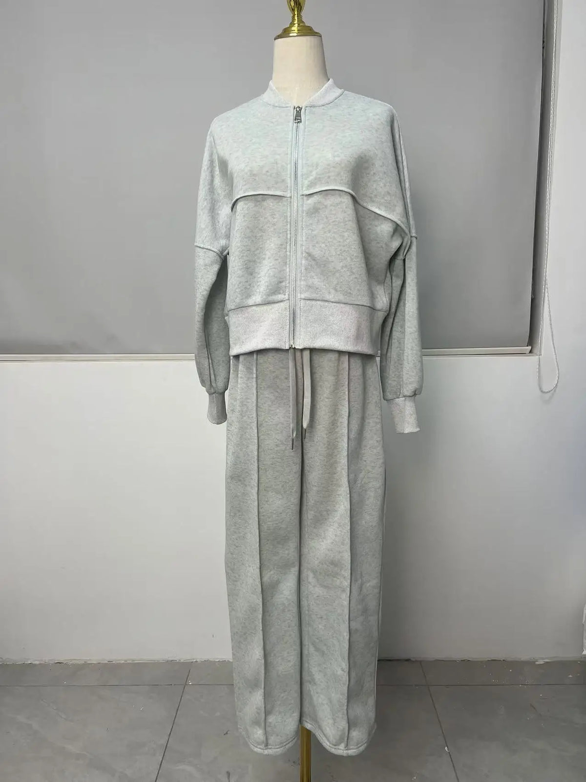 2025 Autumn And Winter Long Sleeves Solid Color Zipper Jacket Wide-leg Trousers Loose Office Commuting Women's Fall Outfit Set