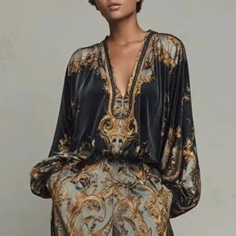 Retro Pattern Printed 2 Pieces Set for Woman Sexy Deep V Neck Top Blouses Elegant Outfit 2026 Spring Fall Wide Leg Trousers Suit