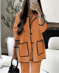 Casual Loose Pocket Coats Pants Two Piece Sets Women Fashion Contrasting Colors Tops Outfits Fall Winter Wide Leg Pants Suit