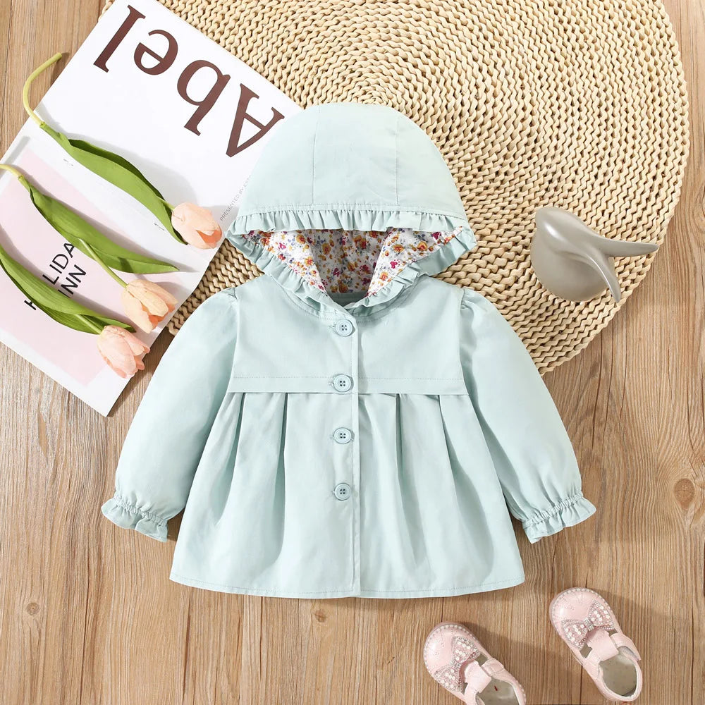 Baby Girl Jacket Spring And Autumn Cotton Solid Color Hooded Floral Long Sleeved Baby Tops Simple And Cute Baby Girl Clothing